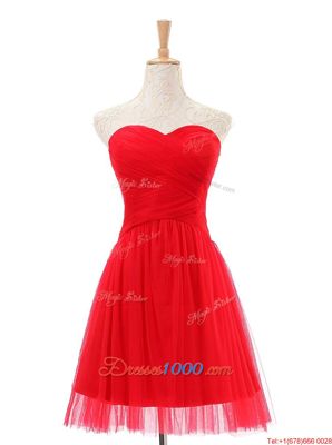 Romantic Sleeveless Tulle Knee Length Zipper Homecoming Dress in Red for with Ruching
