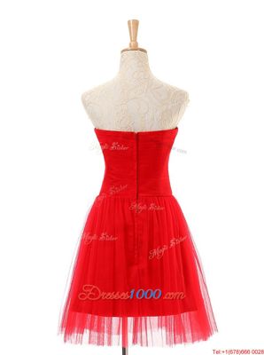 Romantic Sleeveless Tulle Knee Length Zipper Homecoming Dress in Red for with Ruching