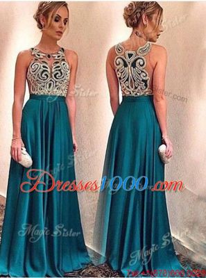 Ideal Satin Scoop Sleeveless Zipper Appliques Dress for Prom in Teal