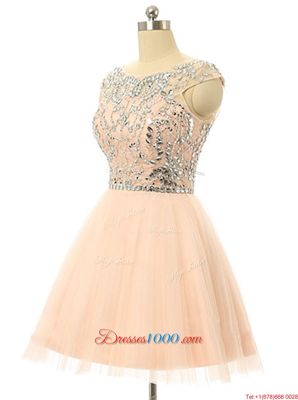 Peach Scoop Zipper Beading and Sequins Prom Dresses Sleeveless