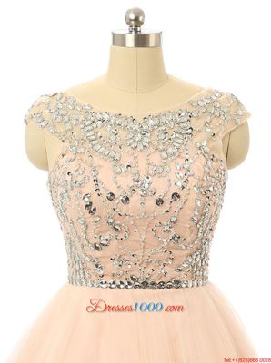 Peach Scoop Zipper Beading and Sequins Prom Dresses Sleeveless