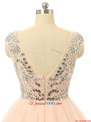 Peach Scoop Zipper Beading and Sequins Prom Dresses Sleeveless