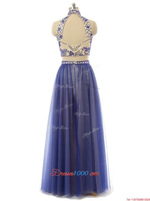 Tulle High-neck Sleeveless Zipper Beading in Blue