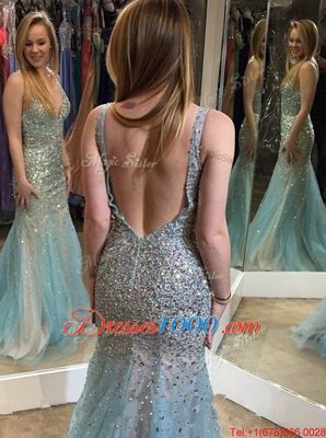 Fitting Multi-color Mermaid V-neck Sleeveless Tulle Floor Length Backless Beading Evening Dress
