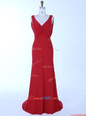 Custom Designed Red Mermaid Chiffon V-neck Sleeveless Beading Zipper Homecoming Dresses Brush Train