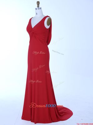 Custom Designed Red Mermaid Chiffon V-neck Sleeveless Beading Zipper Homecoming Dresses Brush Train