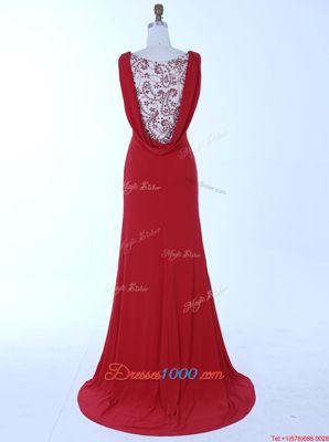 Custom Designed Red Mermaid Chiffon V-neck Sleeveless Beading Zipper Homecoming Dresses Brush Train