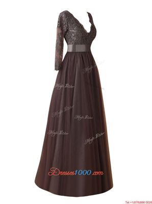 V-neck Long Sleeves Zipper Prom Party Dress Brown Organza
