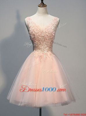 Sleeveless Tulle Knee Length Zipper Dress for Prom in Peach for with Beading and Appliques