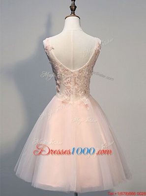 Sleeveless Tulle Knee Length Zipper Dress for Prom in Peach for with Beading and Appliques