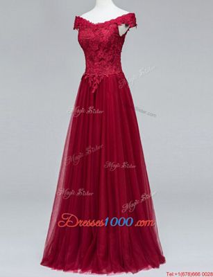 Fashion Wine Red Short Sleeves Floor Length Lace Zipper Prom Party Dress