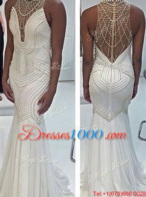 Attractive Mermaid High-neck Sleeveless Tulle Beading Sweep Train Criss Cross