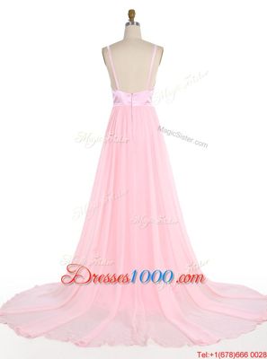 Pink Mermaid Ruffles Zipper Chiffon Sleeveless With Train