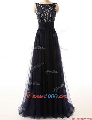 Sweet Sleeveless Tulle With Train Sweep Train Backless Prom Gown in Black for with Beading