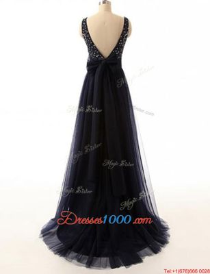 Sweet Sleeveless Tulle With Train Sweep Train Backless Prom Gown in Black for with Beading