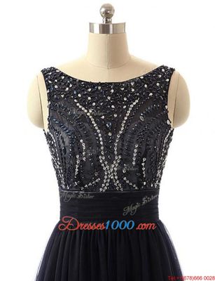 Sweet Sleeveless Tulle With Train Sweep Train Backless Prom Gown in Black for with Beading