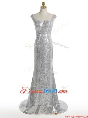 Mermaid Sequins With Train Silver Evening Wear Square Sleeveless Sweep Train Zipper