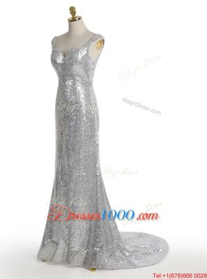 Mermaid Sequins With Train Silver Evening Wear Square Sleeveless Sweep Train Zipper
