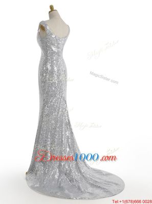 Mermaid Sequins With Train Silver Evening Wear Square Sleeveless Sweep Train Zipper