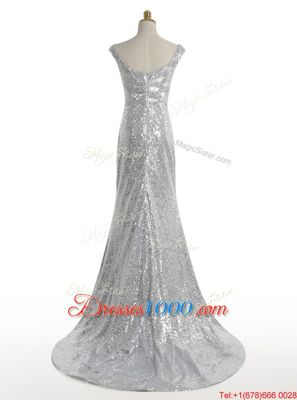 Mermaid Sequins With Train Silver Evening Wear Square Sleeveless Sweep Train Zipper