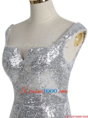 Mermaid Sequins With Train Silver Evening Wear Square Sleeveless Sweep Train Zipper