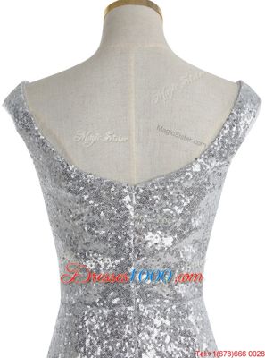 Mermaid Sequins With Train Silver Evening Wear Square Sleeveless Sweep Train Zipper
