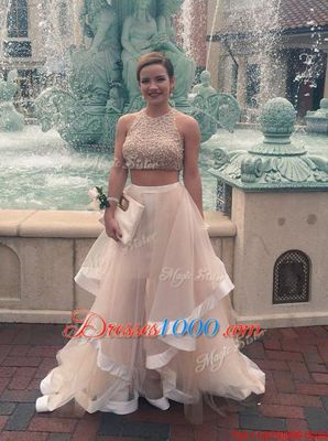 Champagne Scoop Zipper Beading Prom Gown Sleeveless