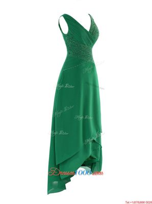 Green Chiffon Zipper Hoco Dress Sleeveless Asymmetrical Beading and Ruching