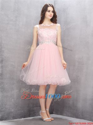 Scoop Knee Length Pink Prom Dresses Organza Sleeveless Beading and Appliques