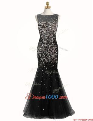 Sophisticated Mermaid Black Sleeveless Beading Floor Length Evening Dress
