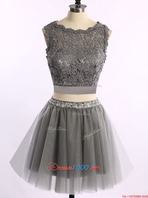 Scoop Sleeveless Prom Dress Mini Length Lace Grey Organza