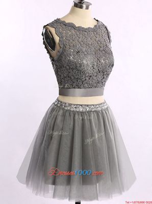 Scoop Sleeveless Prom Dress Mini Length Lace Grey Organza