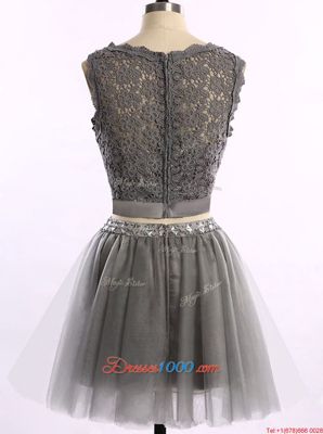 Scoop Sleeveless Prom Dress Mini Length Lace Grey Organza