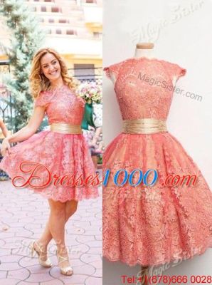 Dazzling Scoop Cap Sleeves Prom Dresses Knee Length Lace Watermelon Red Lace