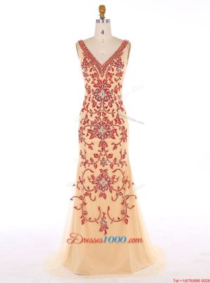 Mermaid Champagne V-neck Neckline Beading and Embroidery Prom Gown Sleeveless Zipper