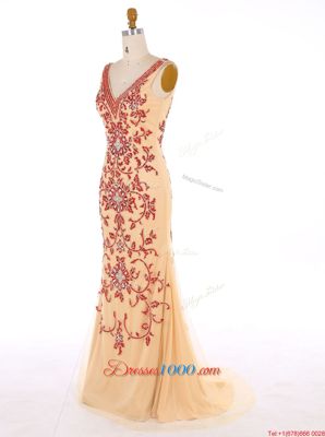 Mermaid Champagne V-neck Neckline Beading and Embroidery Prom Gown Sleeveless Zipper