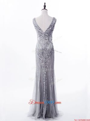 Super Mermaid Grey Square Neckline Beading and Sequins Prom Dresses Sleeveless Zipper