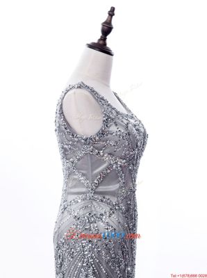 Super Mermaid Grey Square Neckline Beading and Sequins Prom Dresses Sleeveless Zipper