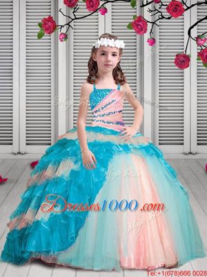 Best Multi-color Ball Gowns Spaghetti Straps Sleeveless Organza Floor Length Lace Up Beading and Ruffles Little Girls Pageant Dress