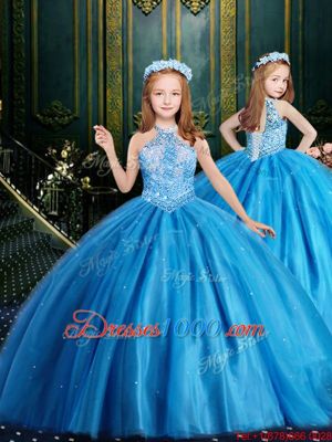 Aqua Blue Ball Gowns Tulle Halter Top Sleeveless Beading and Sequins Floor Length Lace Up Kids Formal Wear