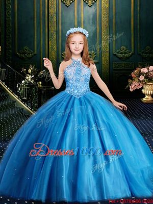 Aqua Blue Ball Gowns Tulle Halter Top Sleeveless Beading and Sequins Floor Length Lace Up Kids Formal Wear