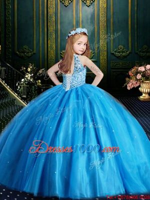 Aqua Blue Ball Gowns Tulle Halter Top Sleeveless Beading and Sequins Floor Length Lace Up Kids Formal Wear