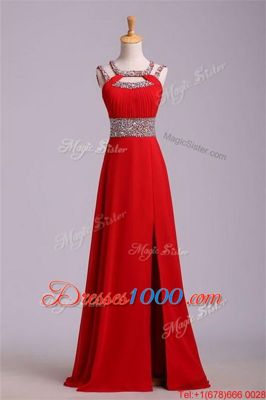 Shining Halter Top Red Sleeveless Floor Length Beading and Belt Zipper Dress for Prom