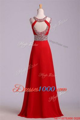 Shining Halter Top Red Sleeveless Floor Length Beading and Belt Zipper Dress for Prom