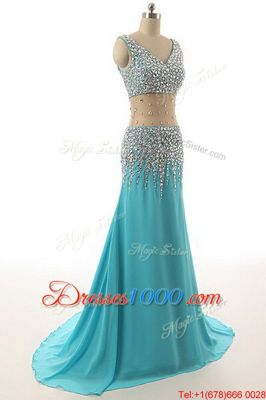 Ideal Aqua Blue A-line Beading Evening Dresses Zipper Chiffon Sleeveless Asymmetrical