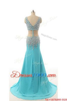 Ideal Aqua Blue A-line Beading Evening Dresses Zipper Chiffon Sleeveless Asymmetrical