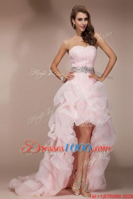 Most Popular Sweetheart Sleeveless Pageant Dress for Teens Floor Length Brush Train Beading Baby Pink Organza