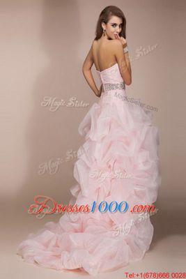 Most Popular Sweetheart Sleeveless Pageant Dress for Teens Floor Length Brush Train Beading Baby Pink Organza