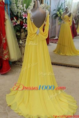 Super Scoop Sleeveless Homecoming Dress Brush Train Appliques Yellow Organza