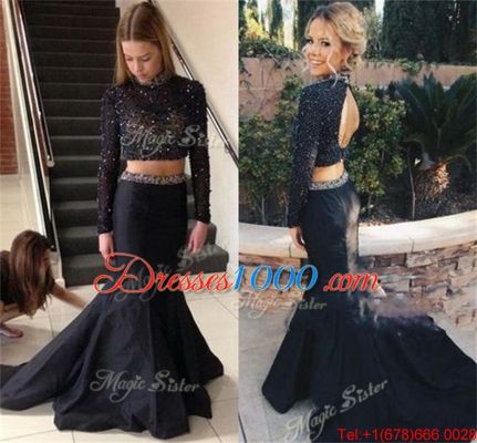 Ideal Black Two Pieces Chiffon High-neck Long Sleeves Beading With Train Backless Evening Dress Brush Train